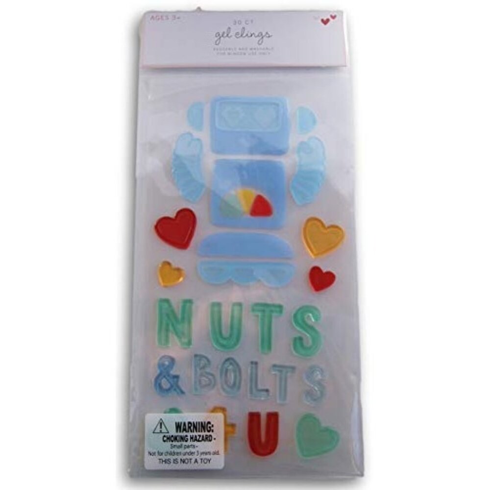 30 Ct Robot Hearts & Letters Gel Clings For Windows & Smooth Surfaces